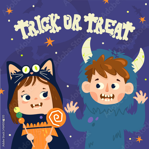 Colorful Halloween illustration with two smiling children in costumes — a girl dressed as a black cat holding candy and a boy in a furry blue monster suit with horns. Set against a purple night sky wi