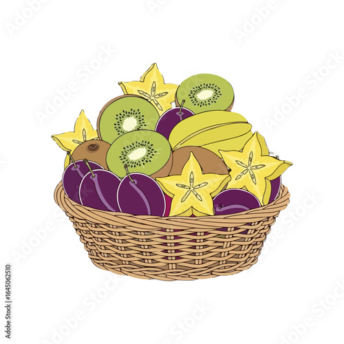 A wicker basket holds colorful Easter eggs and fresh spring fruits like sweet oranges and ripe yellow lemons