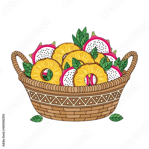 A wicker basket of colorful Easter eggs and spring flowers rests on green grass, a traditional holiday decoration