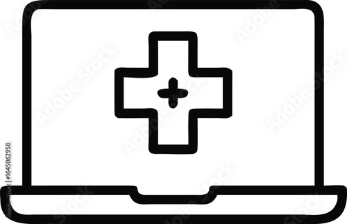 Thin line telehealth laptop screen with cross icon silhouette isolated on white background