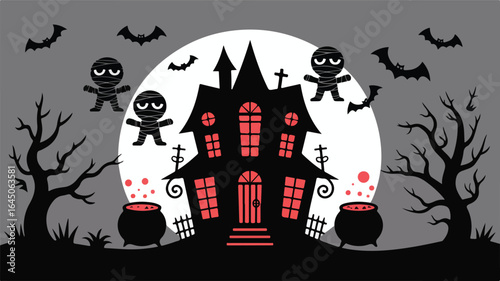 A spooky halloween scene with a haunted house bats mummies and cauldrons against a full moon backdrop