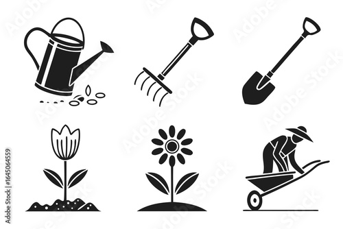 Gardening tools and plants isolated on white background in vector illustration