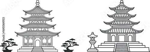 Two traditional pagoda buildings with bonsai trees and lantern in black and white sketch style