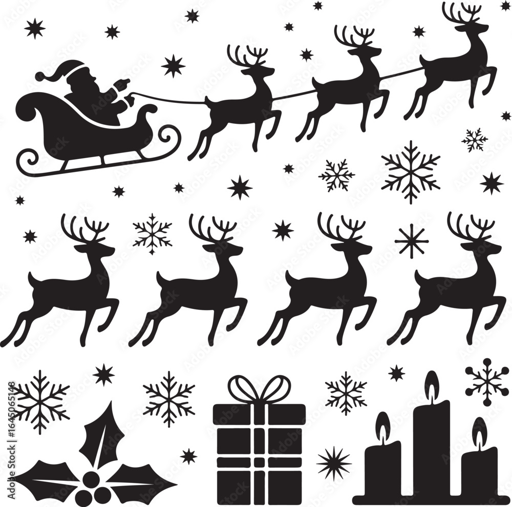 Obraz premium Black Silhouette Christmas Icon Collection – Santa, Reindeer, Snowman, Trees, Gifts, and Festive Holiday Symbols