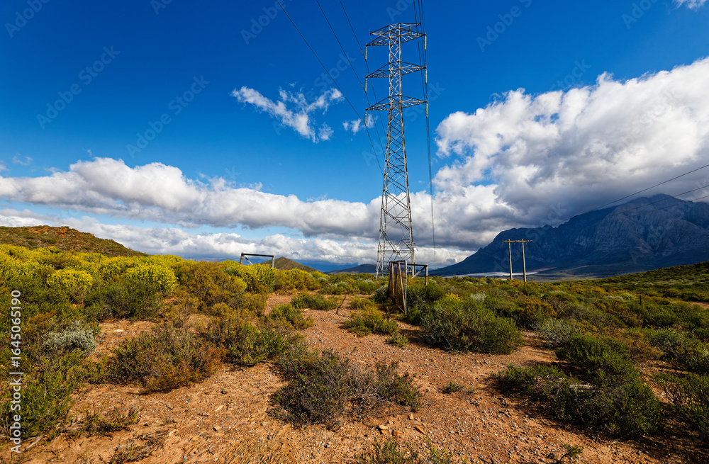 Obraz premium A view over the mountains around Worcester, Western Cape, South Africa, with electrical pylons in the foreground.
