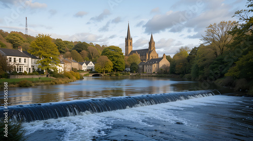 River Tweed, with the weir in the foreground, and the tower of the Old Parish Church beyond, Peebles, Scottish Borders, UK