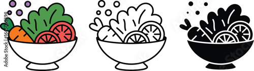 Three hand drawn salad bowls with fresh vegetables and fruit