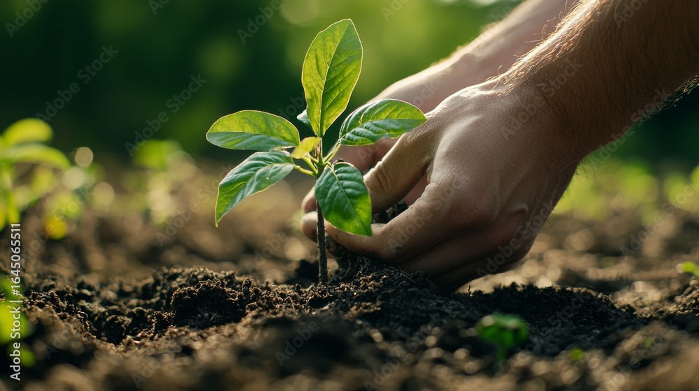 Fototapeta premium Planting a young sapling in fertile soil during a sunny afternoon to promote sustainable growth and environmental care