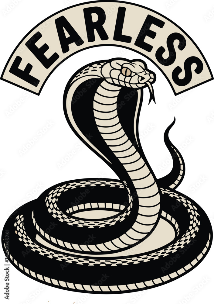 Fototapeta premium Vector Cobra Snake Illustration with Fearless Text and Sunburst Background