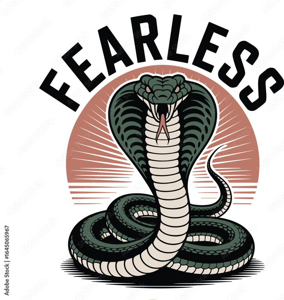 Fototapeta premium Bold Vector Illustration of Fearless Cobra Snake with Sunburst Background and Aggressive Pose 