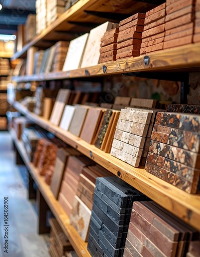 Wooden shelves display various tile samples in diverse colors and textures
