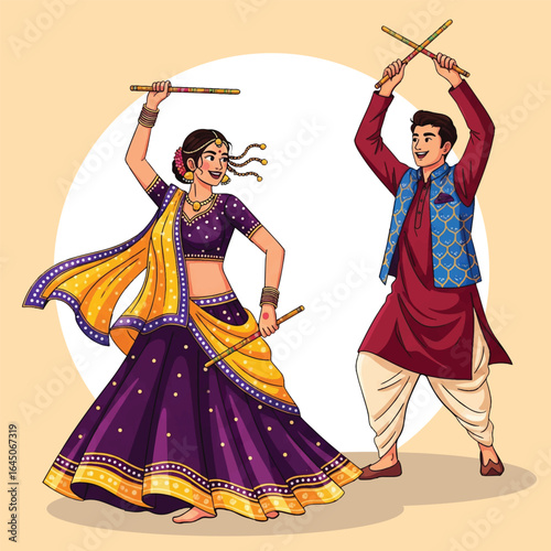 Traditional Indian Couple Performing Garba Dance in Colorful Festive Attire – Navratri Celebration Illustration