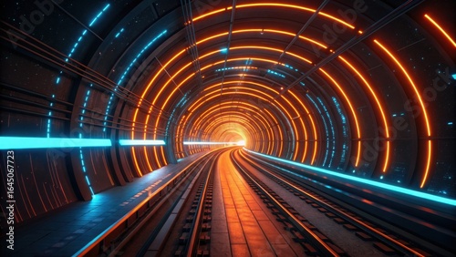 Guiding lights illuminate an advanced rail tunnel suggesting speed with futuristic orange and blue