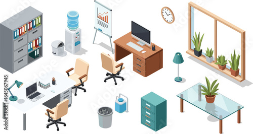 Office interior illustration, modern workspace vector, desk and chair setup, bookshelf with binders, presentation board with graph, water cooler station, filing cabinet design, laptop and desktop icon
