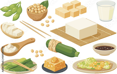 Soy food illustration set, tofu cubes and soy milk vector, edamame clipart, soy sauce bowl, vegetarian protein icons, plant-based cuisine elements, healthy food concept, vegan diet