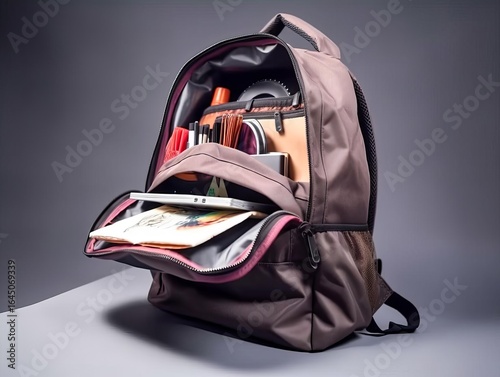 school backpack with open zipper and books visible transparent background educational concept studio photo