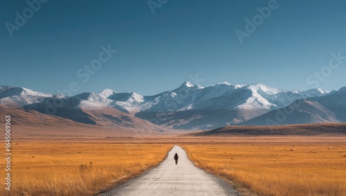 Wallpaper Mural Solitary figure walks a long, straight dirt road across a vast, golden steppe towards a majestic, snow-capped mountain range under a clear, blue sky Torontodigital.ca