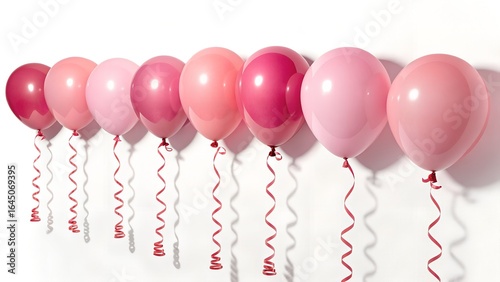 Row of Pink Balloons with Curly Ribbons Against White Wall