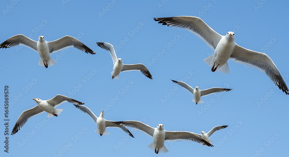 Obraz premium Several seagulls soaring in a clear blue sky, captured in flight