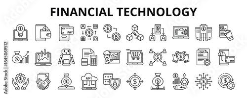 30 Financial Technology Line Icons Vector - Digital Payment, Mobile Banking, Cryptocurrency, Blockchain, Personal Finance App