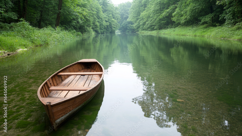 Old wooden rowboat floating on a still river surrounded by trees Old wooden rowboat floating on a still river surrounded by trees