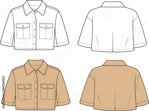 Women’s cropped button-up shirt with front pockets, short sleeves, collared design, fashion flat sketch, apparel mockup template, casual clothing illustration