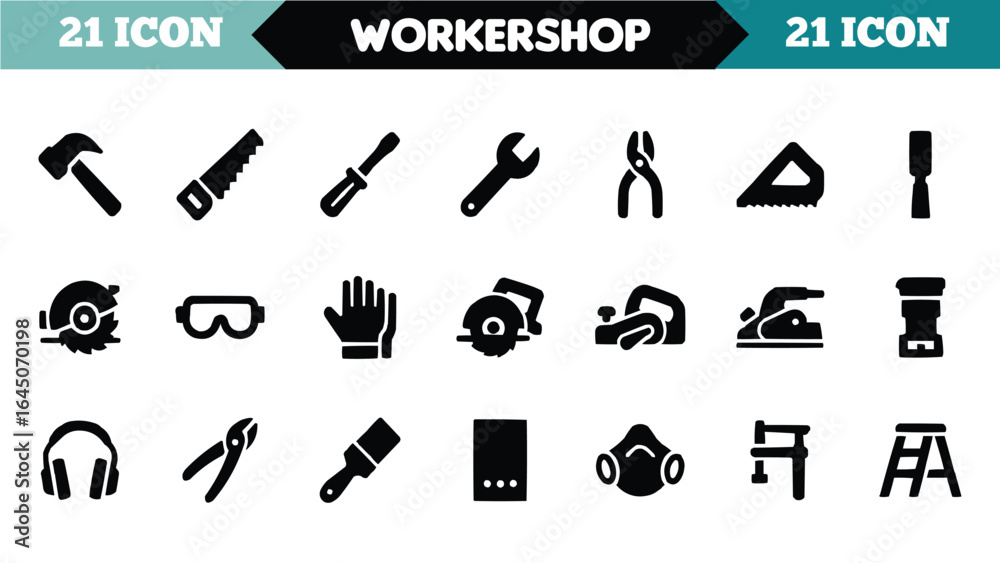 Obraz premium Collection of workshop and construction tools and safety equipment icons isolated on white background
