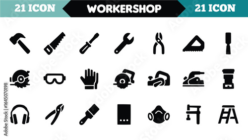 Collection of workshop and construction tools and safety equipment icons isolated on white background