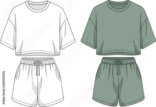 Women’s crop top and shorts set front view, casual summer outfit, fashion template, apparel design mockup, sporty two piece clothing illustration