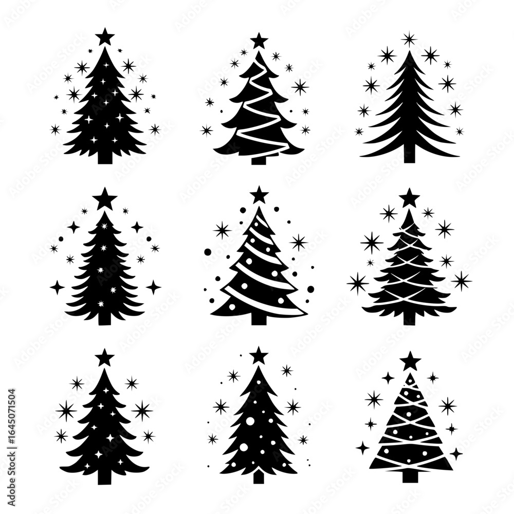 Obraz premium Nine Stylish Black and White Christmas Tree Icons, Festive, Minimalist Design, Perfect for Holiday Branding and Winter Celebrations.