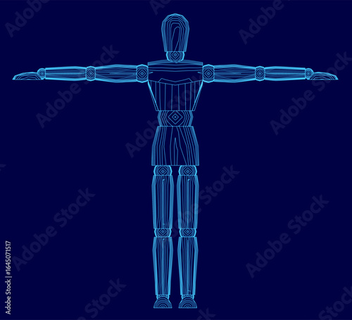 A blue line drawing of a mannequin with outstretched arms stands against a dark blue background, featuring clean contour lines and a minimalist aesthetic.