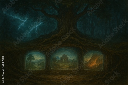A massive tree with three portals below is shown.