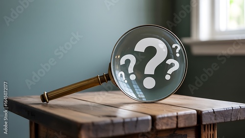Magnifying glass focused on multiple question marks on a wooden surface