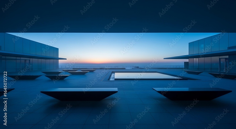 Fototapeta premium Modern architectural oasis at sunset