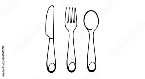 Knife, fork, and spoon in black and white line art style