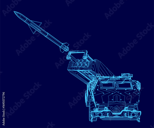 A military vehicle blueprint features a missile launcher on top, outlined in white against a dark blue background. The detailed contour highlights the vehicle's structure and weapon system.