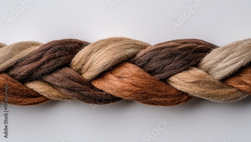 A close-up of a three-strand braid composed of thick, textured yarn in varying shades of brown and beige, set against a stark white backdrop