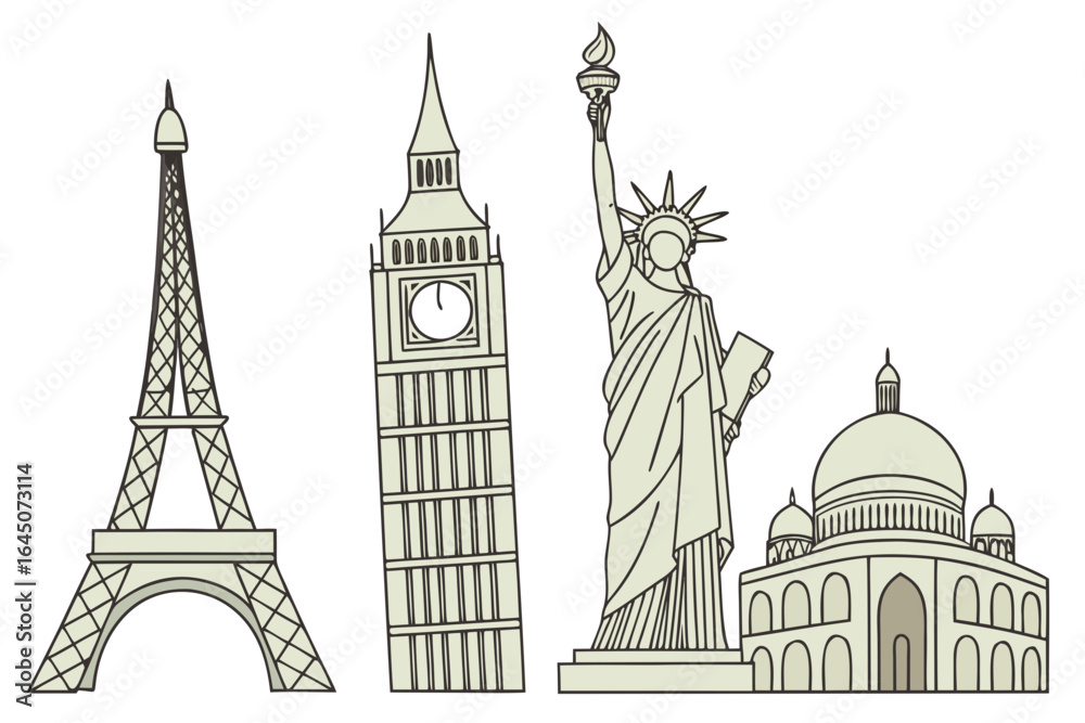 Fototapeta premium Vector illustration of iconic London architecture and monuments with a glimpse of the Eiffel Tower, symbolizing European travel and tourism