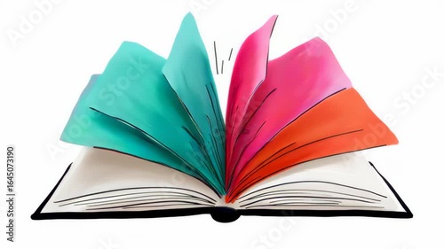 Vibrant open book with colorful pages fanning out in dynamic motion, showcasing a lively scene of creativity and imagination, illustrating the joy of reading and exploration of ideas