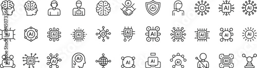 AI Ethics Line Icons Set. featuring artificial intelligence, neural networks, face recognition, cloud computing, and humanoid robots. Vector Illustrations