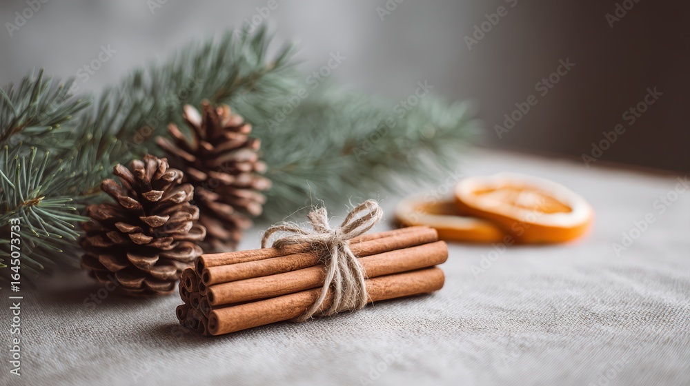 Autumn‑forest misty morning concept. Warm seasonal decor with pine cones, cinnamon sticks, and dried orange slices on a textured surface. Autumn‑forest misty morning concept. Warm seasonal decor with pine cones, cinnamon sticks, and dried orange slices on a textured surface.