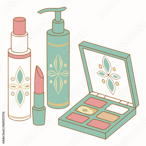 A pink cosmetic set with various makeup brushes, bottles of nail polish, and accessories sits next to a mirror