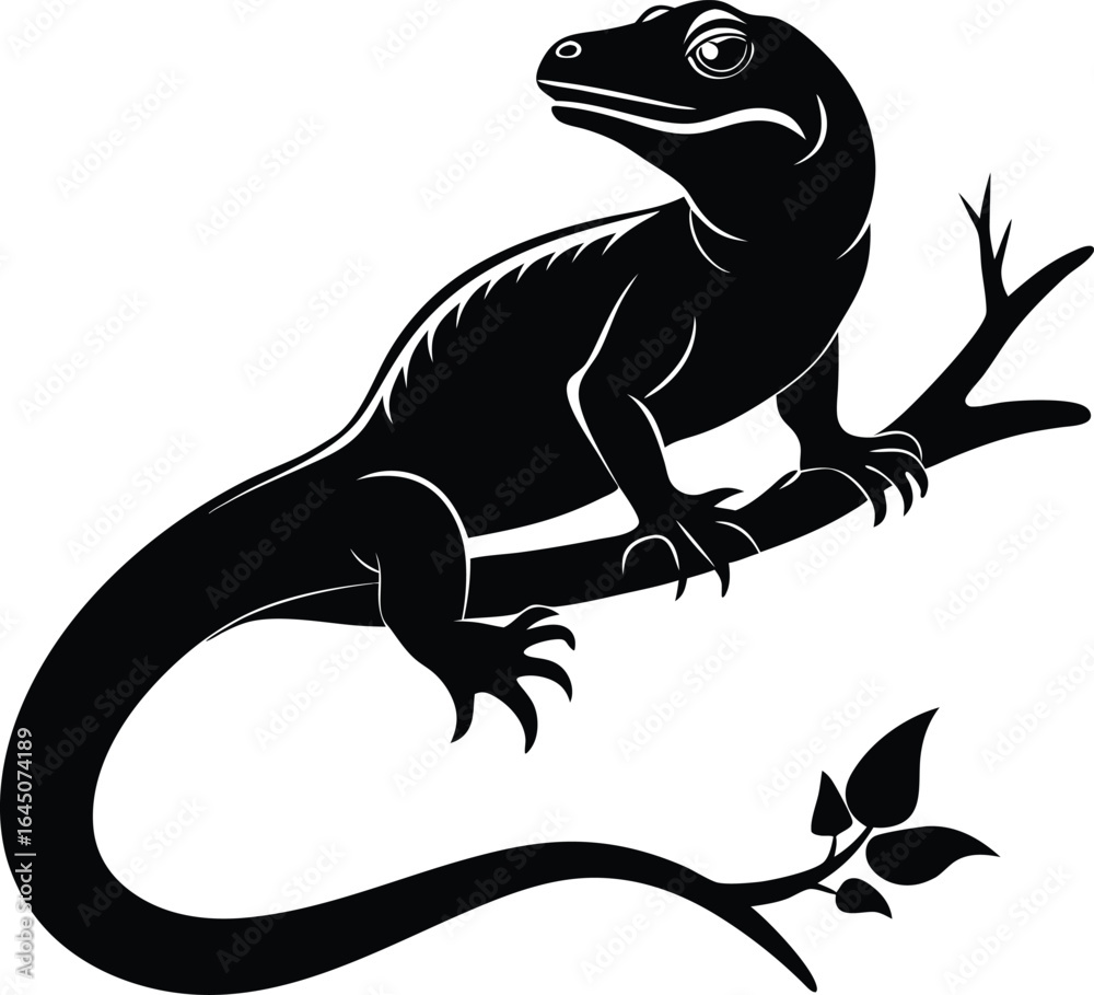 Fototapeta premium Black Silhouette Lizard Perched on Branch Vector Art Illustration