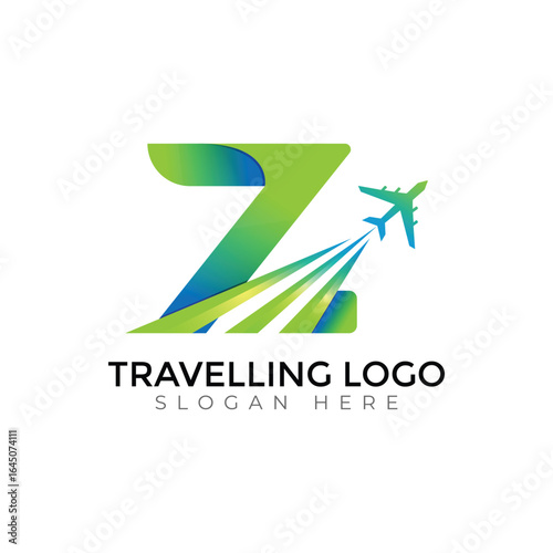 Modern Travel Agency letter Logo with Airplane and Sunset Design