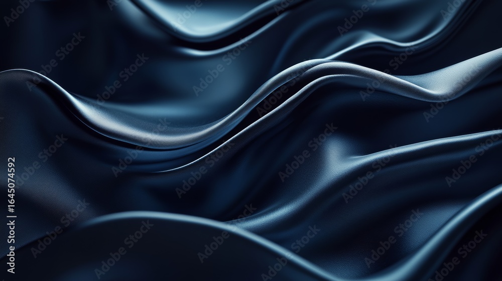 Obraz premium Luxurious deep blue silk fabric elegantly draped in soft waves. The rich texture and subtle sheen create a sophisticated and luxurious mood.