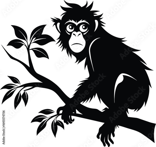 Black Silhouette Monkey on Branch, Vector Art Illustration