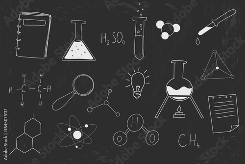 Science doodle hand drawn elements on school blackboard chalk sketch drawing. Chemistry calculations formula lab flasks, idea set. 