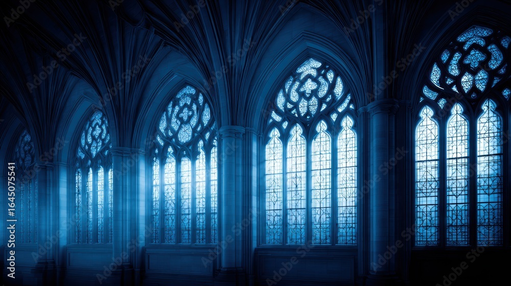 Obraz premium Ethereal blue-lit gothic architecture featuring intricate stained glass windows in a serene ambiance