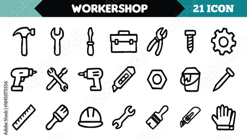 Collection of workshop and construction tools icons in a simple line art style isolated on white background