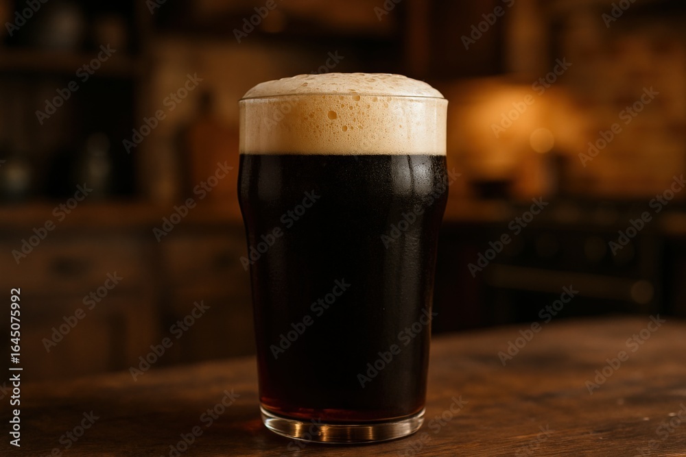 Dark beer pint in cozy rustic kitchen setting, soft light ambiance Dark beer pint in cozy rustic kitchen setting, soft light ambiance